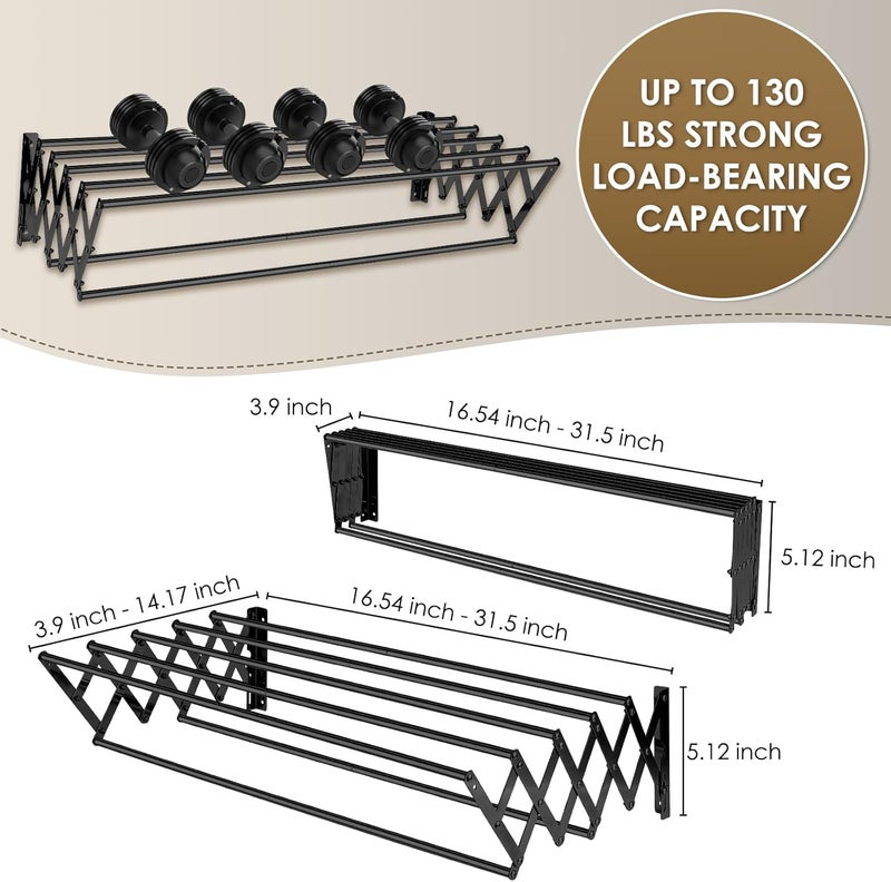 CAEXABO XL-31.5'' Wall Mounted Clothes Drying Rack, 130 lbs Large Capacity Rustproof Retractable Collapsible Drying Rack Easy Install with 7 Drying Rods, Space Saving Towel Clothes Rack for Laundry-Black - Image 2